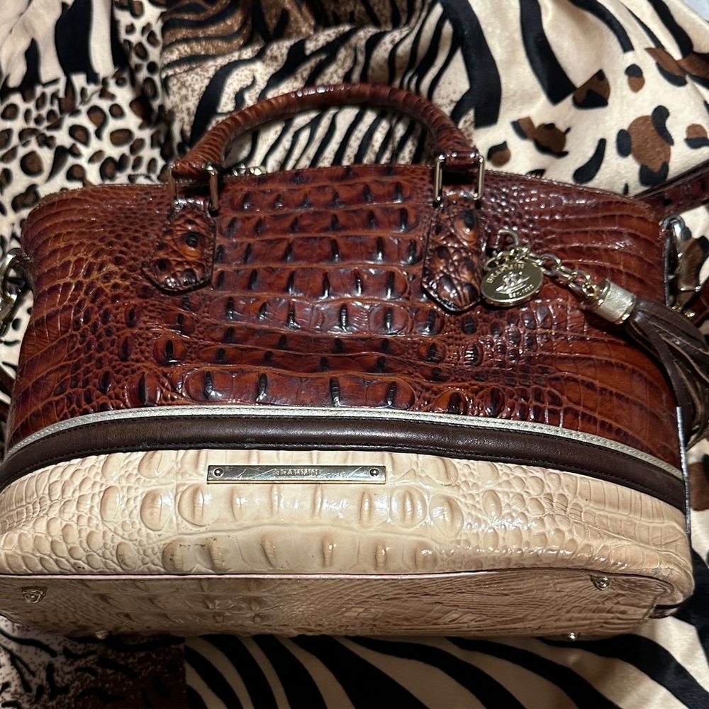 Brahmin Crocodile-Embossed Brown and Cream Satchel
